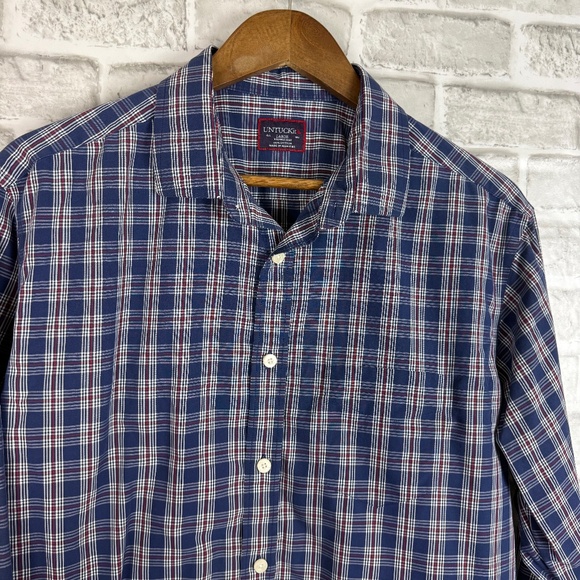 UNTUCKit Alte Reben Wrinkle Free Navy Plaid Casual Button Up Shirt Mens LARGE - Picture 1 of 8